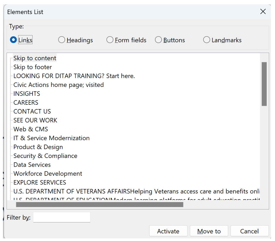 Elements link menu in NVDA with the links list selected and showing all links on a web page. There are buttons at the bottom for the user to choose to Activate a link, Move to a link, or Cancel and close out the menu.